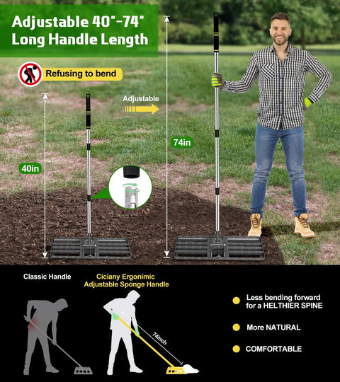 Heavy Duty Lawn Leveling Rake With 30x10 Plate And 6 Ft 2 In Adjustable Stainless Steel Handle demonstration of handle length
