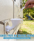 RV Water Inlet Funnel With 3.4 Inch Wide Mouth for Fast Fresh Water Tank Filling attached to RV inlet, hose pouring water.