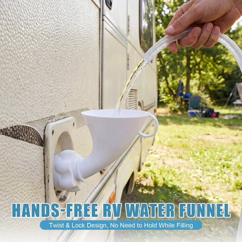 RV Water Inlet Funnel With 3.4 Inch Wide Mouth for Fast Fresh Water Tank Filling attached to RV inlet, hose pouring water.