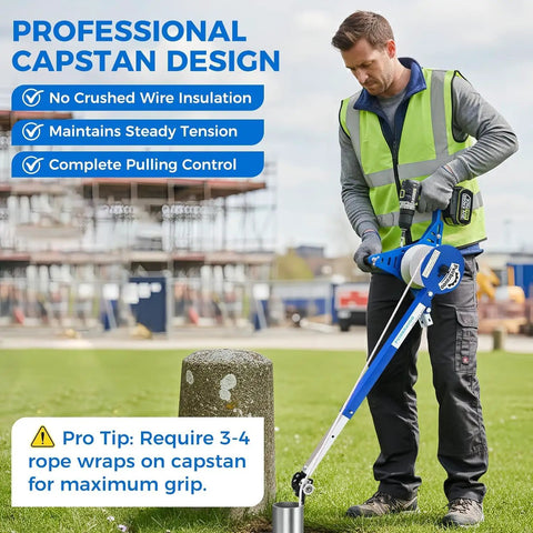 Heavy Duty Handheld Cable Puller And Drill Powered Wire Tugger Delivering One Thousand Pounds Of Force with capstan design in use.