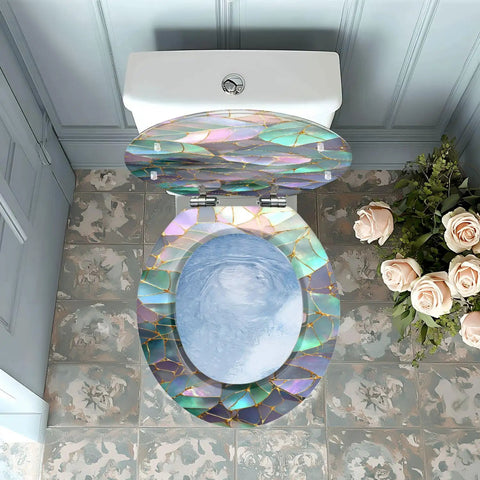 Toilet Seat Round Resin for Bathroom with a colorful mosaic design above a toilet, showcasing its unique style and compatibility.