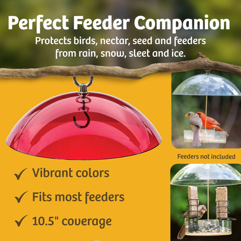 Red clear dome bird feeder rain guard ten and a half inch weather shield, brass hanger, and vibrant color protects feeders