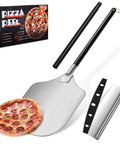 Aluminum pizza peel with 12-inch blade and two long black handles; extendable from 38.5 to 49 inches.