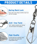 High Strength Fishing Barrel Swivels With Safety Snap Stainless Steel Barrel Swivel For Saltwater And Freshwater Copper Core With Black Nickel Finish Corrosion Resistant Smooth Rotation Solid Ring Tackle Connector, spring back lock