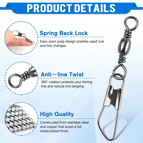 High Strength Fishing Barrel Swivels With Safety Snap Stainless Steel Barrel Swivel For Saltwater And Freshwater Copper Core With Black Nickel Finish Corrosion Resistant Smooth Rotation Solid Ring Tackle Connector, spring back lock