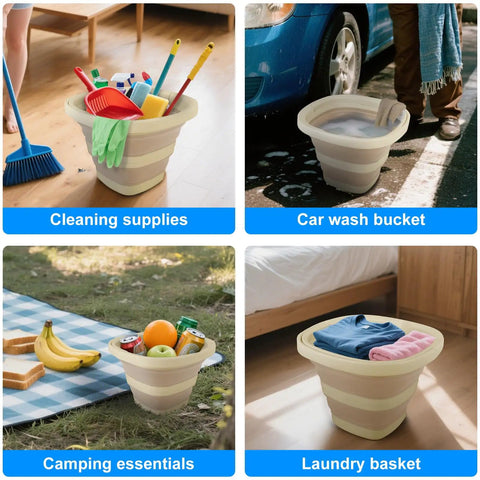 5L Collapsible Bucket With Durable Handle For Car Washes And Window Cleaning Grab And Go Water Pot For Pets And Outdoor Tasks Foldable Plastic Tub For Camping Beach Trips Gardening Or Fishing shown in four uses: cleaning supplies, car wash, camping essentials, laundry basket