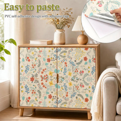 Self Adhesive Floral Peel And Stick Wallpaper Roll For Renters Featuring No Fuss Quick Install Water Resistant Scratch Proof Vinyl Wall Covering on cabinet.