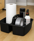 Two Compartment Large Cleaning Caddy With Easy Carry Handle For Multipurpose Storage Of Cleaning Sprays Cloths And Tools Durable Lightweight Black Plastic Grab And Go Ready For Home Office Garage And Busy Kitchens with supplies.