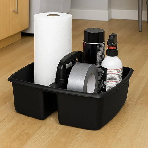 Two Compartment Large Cleaning Caddy With Easy Carry Handle For Multipurpose Storage Of Cleaning Sprays Cloths And Tools Durable Lightweight Black Plastic Grab And Go Ready For Home Office Garage And Busy Kitchens with supplies.