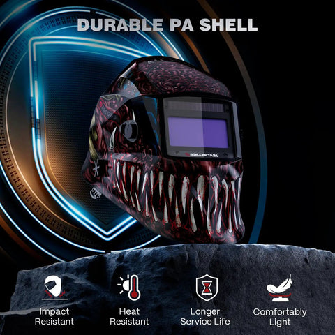 Ultra Fast Auto Darkening Welding Helmet With Four Arc Sensors and Lightning Quick Light To Dark Transition Adjustable Shade Range Four To Thirteen, durable PA shell