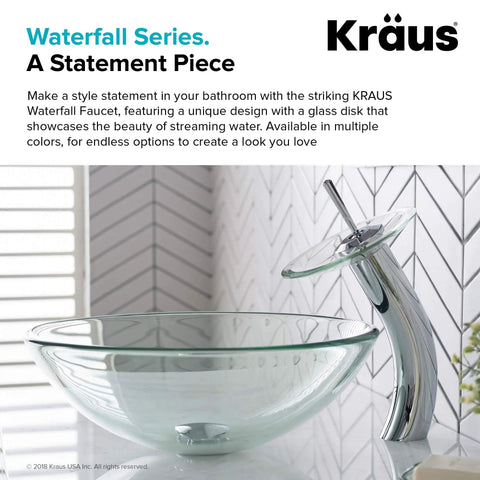 Tall Waterfall Vessel Sink Bathroom Faucet With Glass Disk In Chrome Finish next to glass bowl sink, modern design