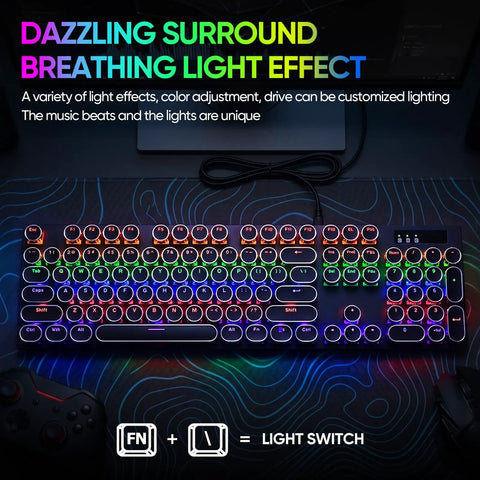 Slick Wired Retro Typewriter Mechanical Gaming Keyboard With 104 Keys Punchy Blue Switches And Bangin Rgb Backlighting For Pc And Mac Featuring Rad Round Keycaps For Pure Vibe with customizable RGB lighting.