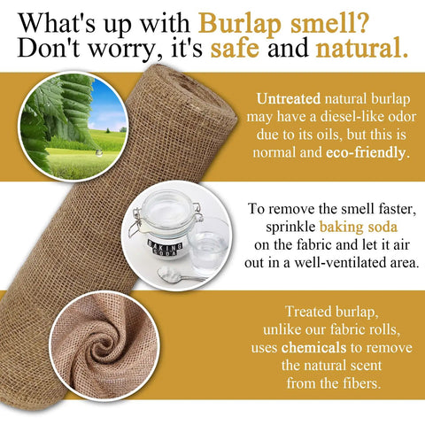 40 Inch By 30 Feet Garden Burlap Roll For Landscaping Outdoor Planting Mulch Weed Barrier Erosion Control Natural Jute Fabric Biodegradable And Breathable Plant Cover No Fuss Garden Essential, showing rolled burlap with text about natural smell.