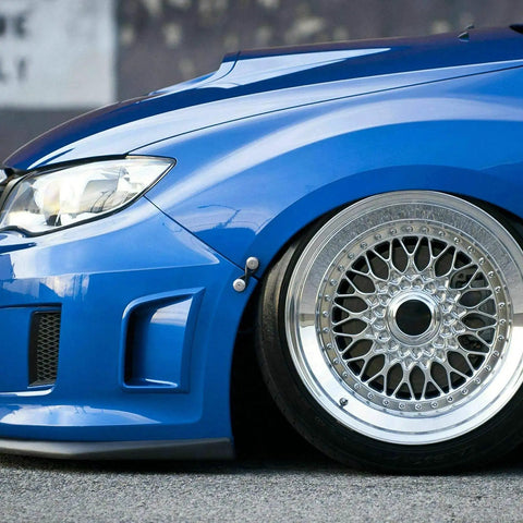 Side view of blue car with JDM Quick Release Fasteners For Car Bumpers Trunk Fender And Hatch Lids Aluminum 6061 T6 Billet Silver 4 Pack