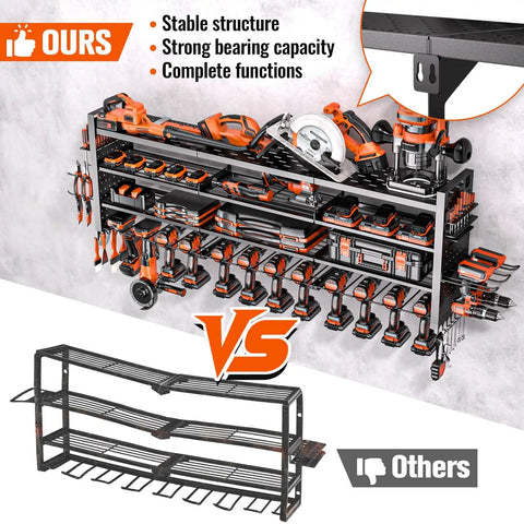 Forty Nine Point Eight Inch Wide Heavy Duty Power Tool Organizer Wall Mount With Four Layer Storage Rack And Fourteen Cordless Drill Holders For Garage Or Workshop Black displaying tools