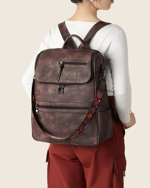 Back view of woman wearing Leather Laptop Backpack For Women With Independent Laptop Compartment Fits Up To 15.6 Inches, Everyday Carry