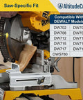 Installed AltitudeCraft crown stops for DEWALT miter saw; gray aluminum crown-molding jig with black knob.