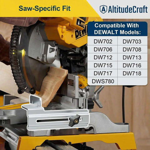 Installed AltitudeCraft crown stops for DEWALT miter saw; gray aluminum crown-molding jig with black knob.