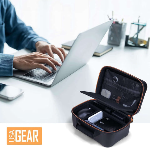 Heavy Duty Electronics Travel Crate With Custom Padded Dividers For Cables Chargers And Wireless Mouse Semi Rigid Hard Shell Case open with cables and a mouse