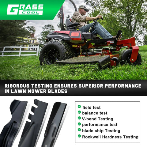 Man operating lawn mower equipped with Premium 42 Inch Timecutter Mower Blades 2 Pack for 42 Inch Deck Replacement.