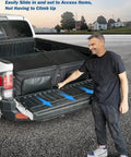 Man sliding Truck Bed Cargo Organizer Bag For Pickup And SUV Fits Gladiator Ranger Cybertruck Tacoma from truck bed