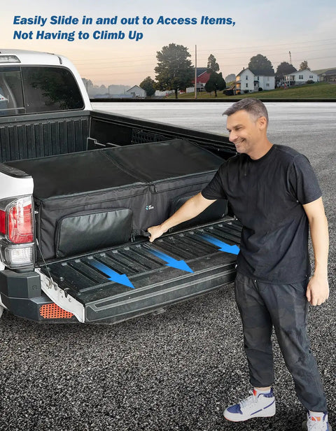Man sliding Truck Bed Cargo Organizer Bag For Pickup And SUV Fits Gladiator Ranger Cybertruck Tacoma from truck bed