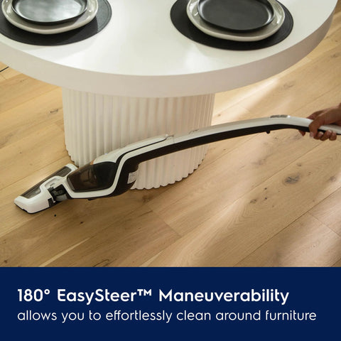 Electrolux Ergorapido cordless 2-in-1 vacuum, satin white, side view on wood floor.