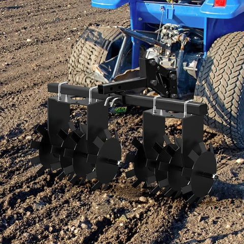 32 Inch Tow Behind Disc Plow Harrow For ATV UTV With Universal 2 Inch Hitch attached to blue ATV on tilled soil