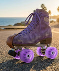 82A Purple Glitter Quad Roller Skate Wheels Four Pack For Indoor Outdoor Use mounted on a vintage purple skate