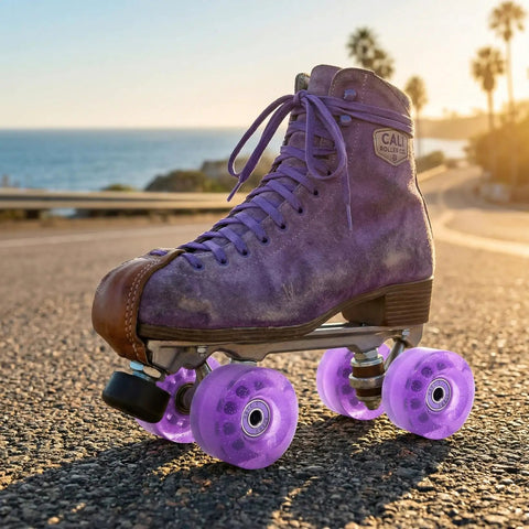 82A Purple Glitter Quad Roller Skate Wheels Four Pack For Indoor Outdoor Use mounted on a vintage purple skate