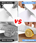Before and after sharpening with Quad Sided Whetstone Knife Sharpening Kit With 400 1000 And 3000 8000 Grits Wet Stone Sharpener