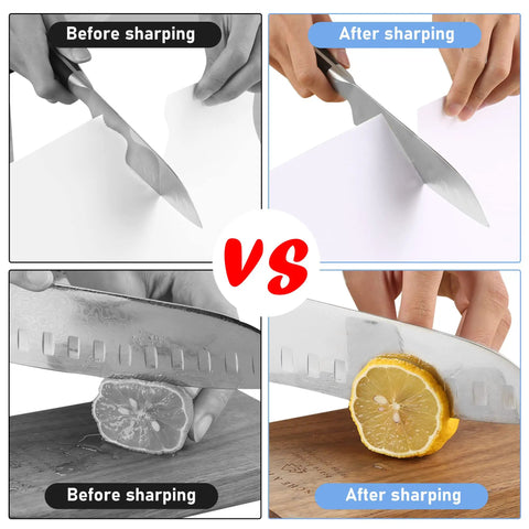 Before and after sharpening with Quad Sided Whetstone Knife Sharpening Kit With 400 1000 And 3000 8000 Grits Wet Stone Sharpener