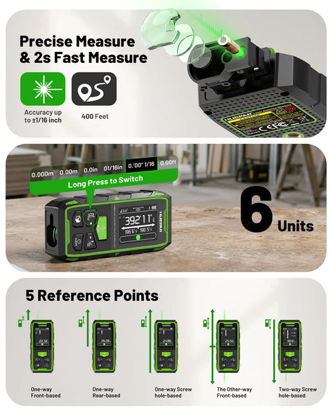 Nailing Every Job With This Upgraded Dual Laser Distance Meter Brings 395 Foot Range And Blazing Green Beams For Rock Solid 1/16 Inch Readings Plus Smooth Phone App Pairing