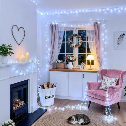 Ultra Long 168Ft 600 LED Cool White String Lights With Remote Plug In Twinkle Outdoor Indoor in cozy living room decor
