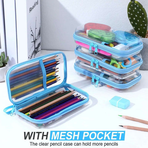 Top Shelf Four Pack Clear Hard Shell Zipper Cases In Vibrant Blue Durable Plastic Travel Pouches for organizing colored pencils.