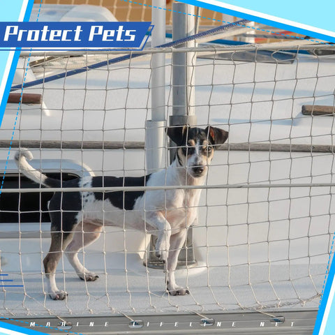Dog behind nylon Boat Safety Lifeline Netting For Sailboats, Nylon Guardrail Deck Netting Keeps Pets, Crew, And Gear Safe On Deck