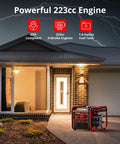 4500W Portable Gas Inverter Generator With CO Sensor set up outside a house, EPA compliant with a 223cc engine and 1.6-gallon tank