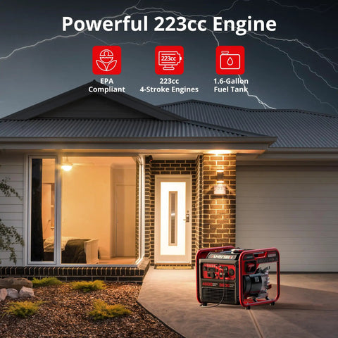 Gas Powered Portable Inverter Generator 4500 Watt With CO Sensor Parallel Ready For Camping Tailgating Home Backup & Emergency Power EPA Compliant Reliable in use outside a house