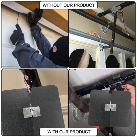 Universal Garage Shield Anti Theft Lock for Overhead Doors installed on sectional opener, showing before and after protection.