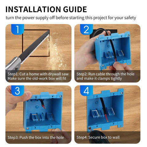 Installation steps for Two Gang PVC Old Work Retrofit Standard Switch And Outlet Wall Box Non Metallic Blue 25 Cu In Capacity