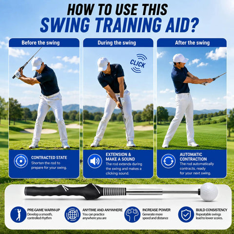 Golf Swing Trainer And Grip Trainer With Retractable Design And Click Feedback For Tempo Rhythm And Consistency Muscle Memory Builder Grip Correction Indoor Outdoor Practice Aid Easy Setup For Home Or Range Black instruction guide.