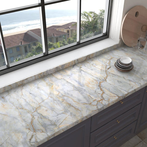 Kitchen countertop with Blue Gold Marble Contact Paper 31.5x157 In Peel And Stick Vinyl Wallpaper for desks and counters.
