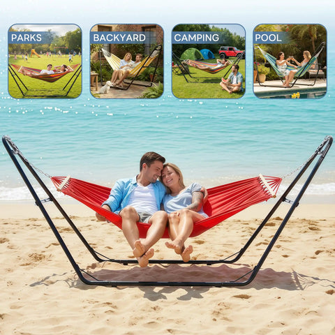 Heavy Duty Universal Double Hammock Stand For Two People, Steel Indoor Outdoor Frame For Garden Backyard Patio Beach, Adjustable 9.5 Ft To 14 Ft Hammocks, Measures 124.4 Inches Wide By 40.9 Inches Deep By 51.2 Inches High, Chains Included