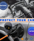Before and after of Slick EV Charger Plug Port Cover With Heavy Duty Waterproof Seal All Weather Protection Against Rain Sun And Snow Shields Your Tesla And Sweet Electric Rides From Dust Debris Silver.