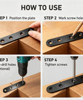 How to use Built Tough Black Stainless Steel Mending Plates With Full Screw Kit step by step assembly guide for furniture repair.
