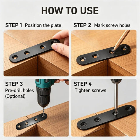 How to use Built Tough Black Stainless Steel Mending Plates With Full Screw Kit step by step assembly guide for furniture repair.