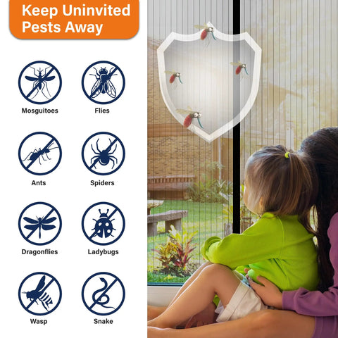 Breathable Magnetic Screen Mesh For Front And Sliding Doors, Easy Install, Keeps Bugs Out And Lets Fresh Air In, Fits 36 x 82 Inches, shown with insect barrier symbols and children watching outdoors.