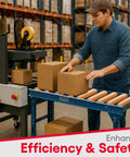 Heavy-Duty Gravity Conveyor With Poly-Coated 10 Inch Rollers, 12 Inch Width 5 Foot Length Galvanized Steel Table Saw Track System For Warehouse Shipping And Industrial Material Hauling Including Adjustable Legs with boxes being sorted.