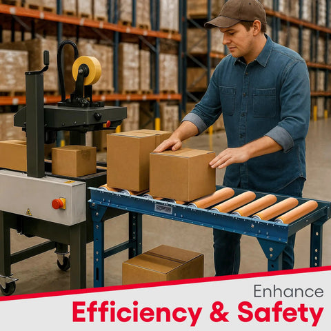 Heavy-Duty Gravity Conveyor With Poly-Coated 10 Inch Rollers, 12 Inch Width 5 Foot Length Galvanized Steel Table Saw Track System For Warehouse Shipping And Industrial Material Hauling Including Adjustable Legs with boxes being sorted.