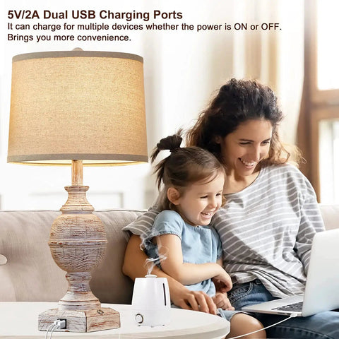 Cozy Farmhouse Table Lamp with USB charging, 3 Way Dimmable Rustic Wood Finish, illuminating living room scene with family.